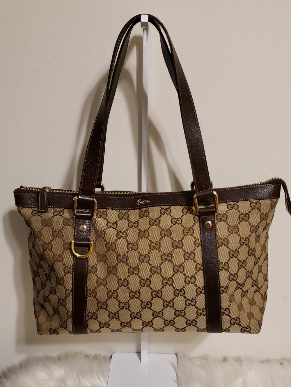 Gucci Beige GG Canvas Shoulder Bag with Dark Brown Leather Trim